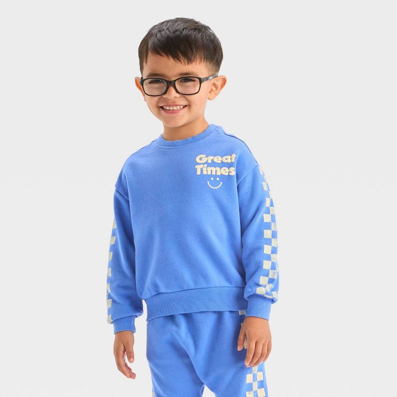 Grayson Mini Toddler Boys' French Terry Checkered Crew Neck Pullover Sweatshirt - Blue, 1 of 6