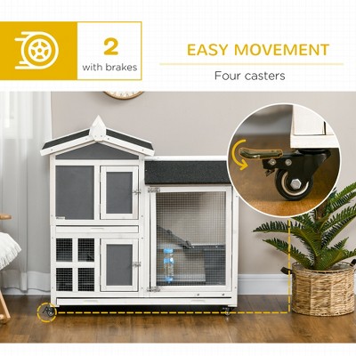 Gray and White Fir Wood Two-Story Rabbit Hutch with Wheels