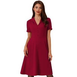 INSPIRE CHIC Women's Vintage Flat Collar V Neck Short Sleeve Belted 1950s Flare Dress - 1 of 4