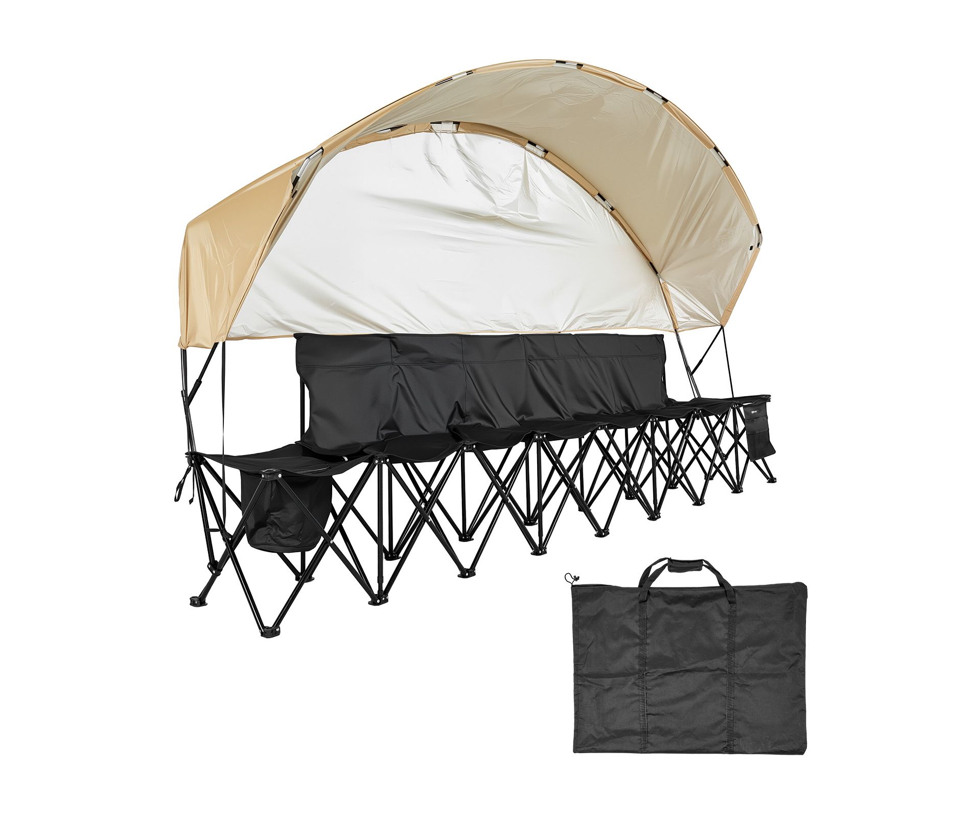 VEVOR Portable Folding Bench, 6 Seat Soccer Bench with Storage Pockets Cup Holders & Carrying Bag, Lightweight Sideline Seating with Sunshade, Black