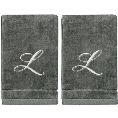 Creative Scents Gray Fingertip Monogrammed Towels Silver Embroidered