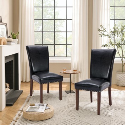 Set of 2 PU Leather Parsons Dining Chairs with Nailhead Trim and Wood Legs, Upholstered Kitchen Side Chairs for Dining Room