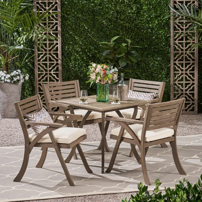 Christopher Knight Home Hermosa Outdoor Acacia Wood 5-Piece Slatted Dining Set with Cushion