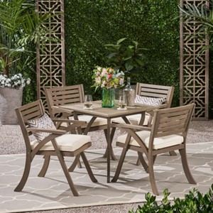 Christopher Knight Home Hermosa Outdoor Acacia Wood 5-Piece Slatted Dining Set with Cushion - 1 of 4