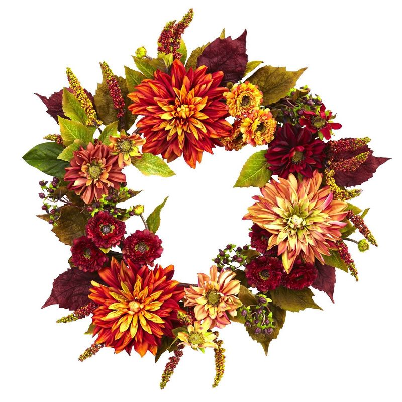 Nearly Natural 22” Dahlia & Mum Wreath - Autumn Beauty, 1 of 2