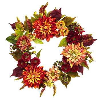 Nearly Natural 22” Dahlia & Mum Wreath - Autumn Beauty