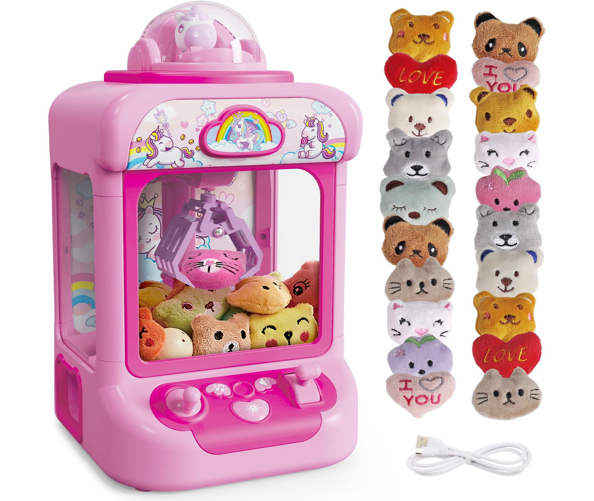 Angel Sar Unicorn Claw Machine for Kids, Mini Electronic Vending Machine with 20 Plush Toys, Candy Grabber Prize Dispenser with Sound, LED Lights