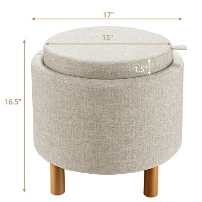 Beige Round Storage Ottoman with Tray and Wood Legs