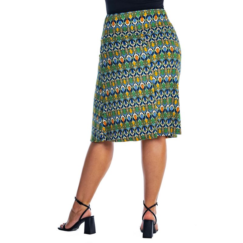 Womens Plus Size Green Geometric Elastic Waist Knee Length Skirt, 3 of 5