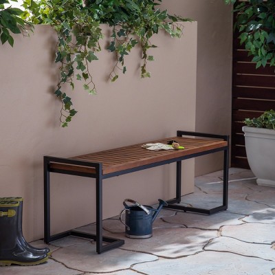 Coolbibila-Patio Benches With Cantilever Iron Legs, Garden Benches Constructed From Slatted Acacia Wood, Modern Garden Bench Outdoor
