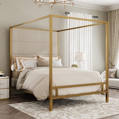 Merax Elegant Modern Canopy Bed with Tall Velvet Upholstered Headboard