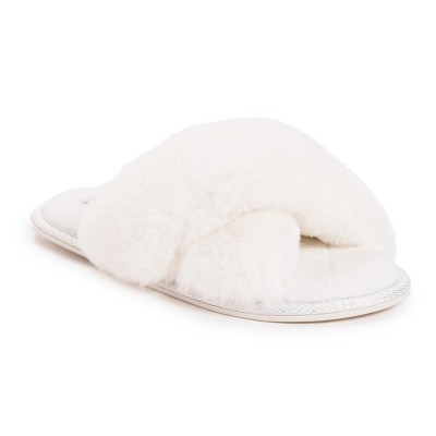 Women's Cozy Faux Fur Slides Slippers White Pearl Letter K