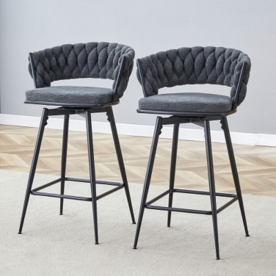 gray 2-pack swivel bar stools with breathable cotton-linen cushions and rust-proof electroplated metal frames.