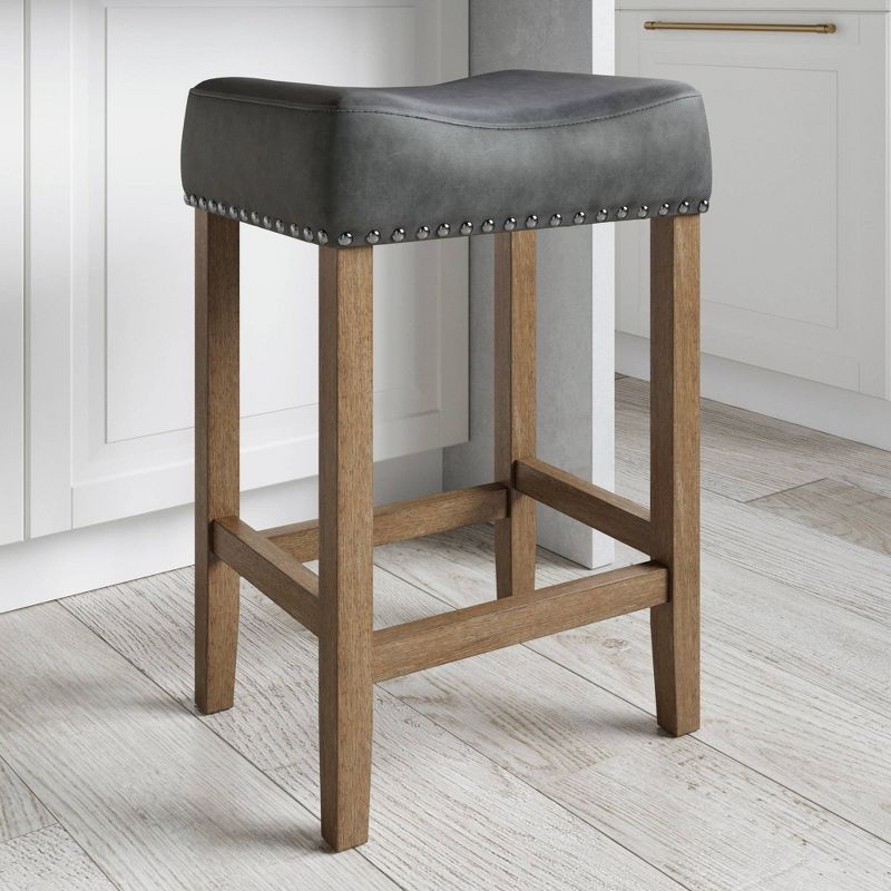 24" Faux Leather and Wood Saddle Barstool - Nathan James, 1 of 4