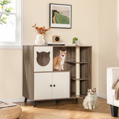Multifunctional Gray and White Cat Litter Box Enclosure with Sisal Posts