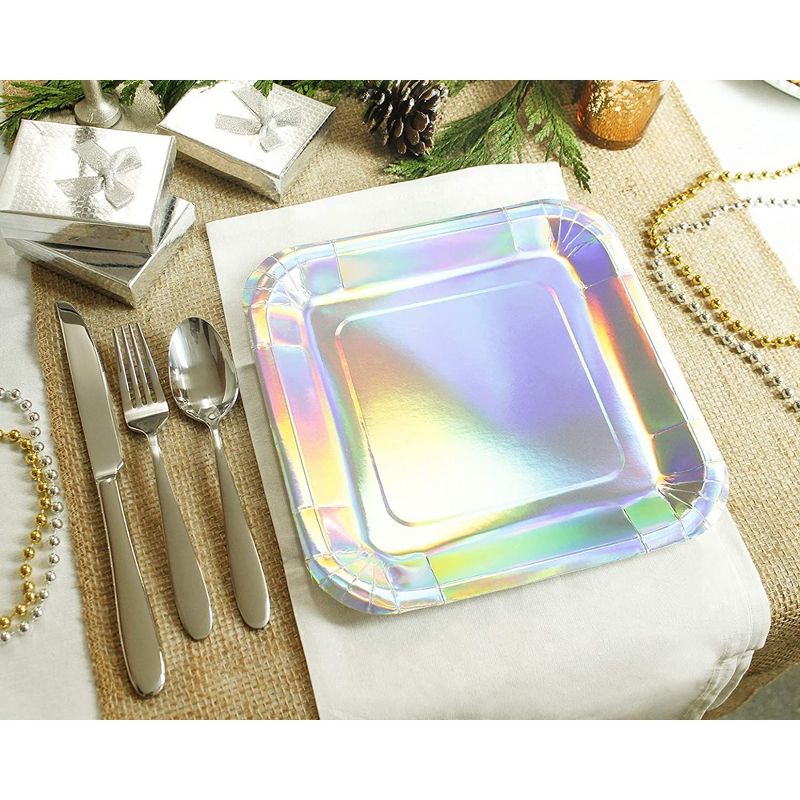 Juvale 48 Pack Square with Silver Holographic Foil Iridescent Disposable Paper Plates 9" Party Supplies, 3 of 8
