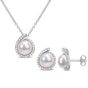 EVERLY JEWELRY | Sterling Silver 8-8.5mm Cultured Freshwater Pearl and Diamond Accent Halo Stud Earrings and Pendant with Chain - 1 of 4