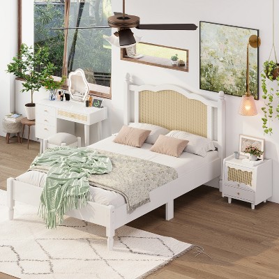 KTMBDW 3 Pieces Bedroom Set with Full/Queen Size Wooden Bed Frame, 1 Vintage Nightstand and 1 Makeup Vanity Set with Stool, White