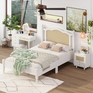 KTMBDW 3 Pieces Bedroom Set with Full/Queen Size Wooden Bed Frame, 1 Vintage Nightstand and 1 Makeup Vanity Set with Stool, White - 1 of 4