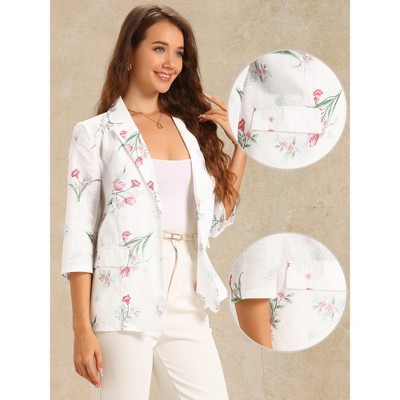 INSPIRE CHIC Women's Floral 3/4 Sleeve Notch Lapel Lightweight Casual Blazer Jacket White Small — фото 2