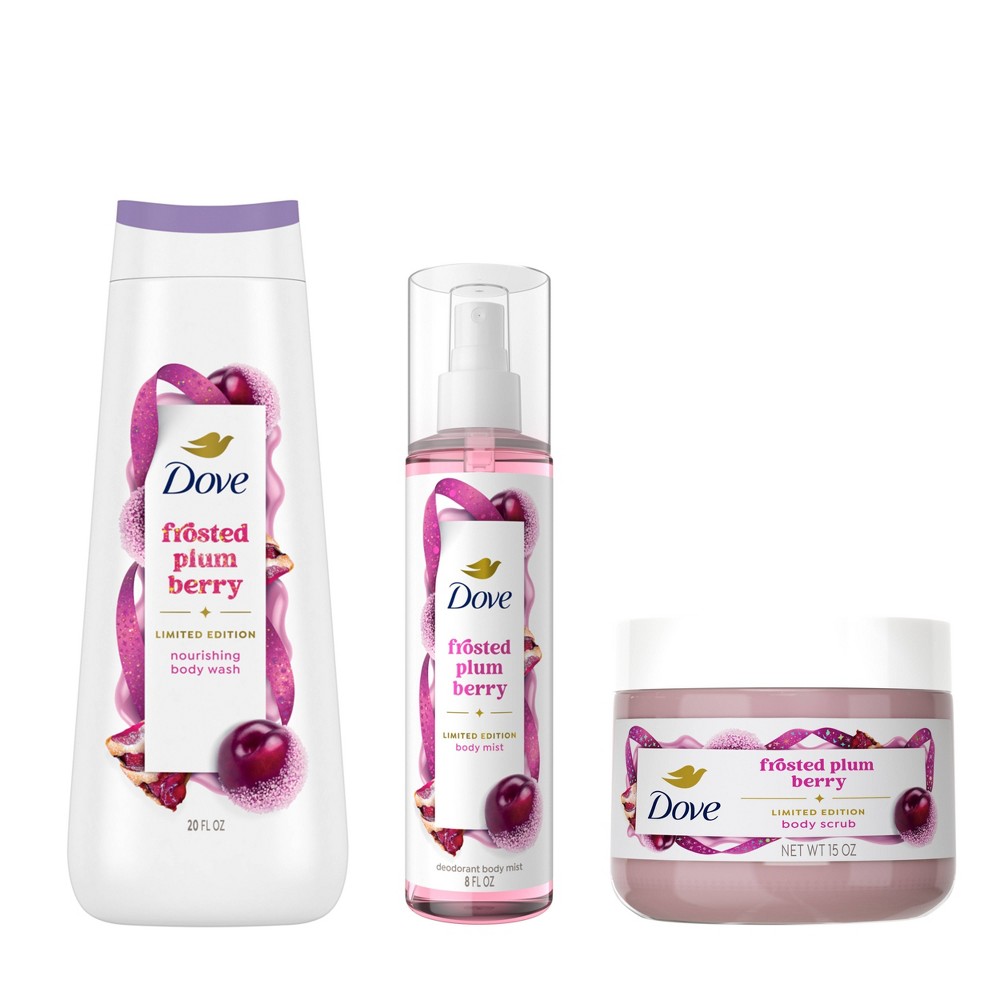 Dove Beauty Limited Edition Holiday Treat Frosted Plum Berry 20 fl oz Body Wash + 15oz Body Scrub + 8oz Body Mist