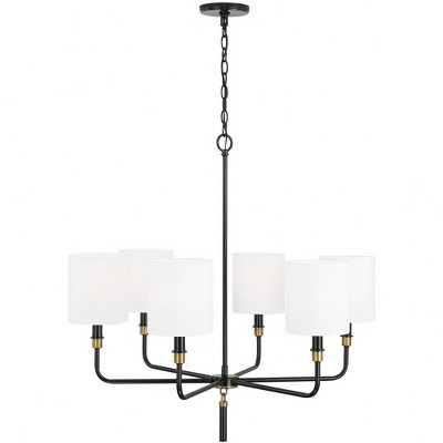 Glossy Black and Aged Brass 6-Light Chandelier with White Shades
