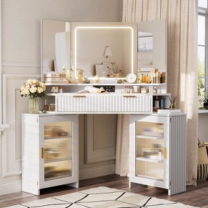 PAKASEPT Corner Vanity with Desk Mirror & Lights, Fluted Makeup Vanity Desk with Glass Top, Charging Station, torage Cabinets & Drawers - 1 of 4