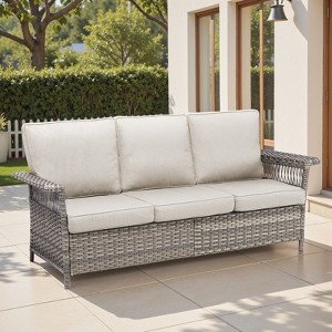 Belord 79" Outdoor Patio Sofa, All-Weather Gray Wicker 3-Seater Couch with 5-Inch Wide Armrests and Thick Cushions for Porch, Deck, or Backyard - 1 of 4