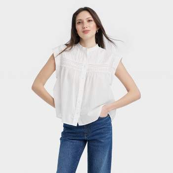 Lace Insert Short Sleeve Blouse - White or Black - Just $7
