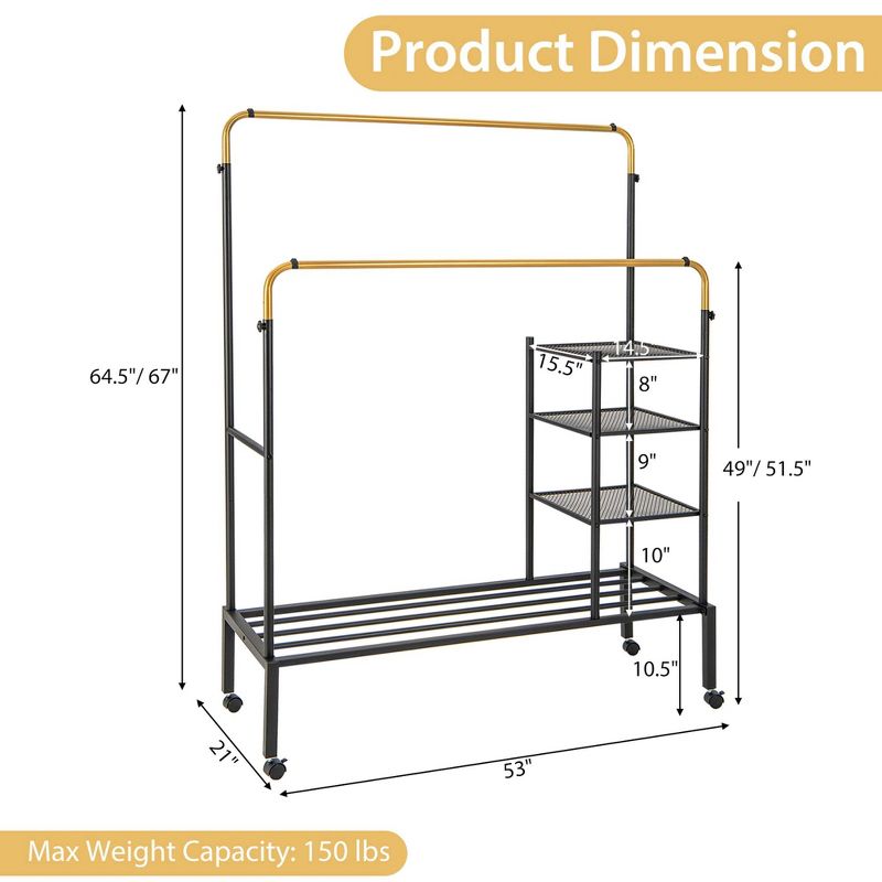 Costway Rolling Clothes Drying Rack Double Rods Garment Rack with Height Adjustables Gold/Silver, 3 of 11