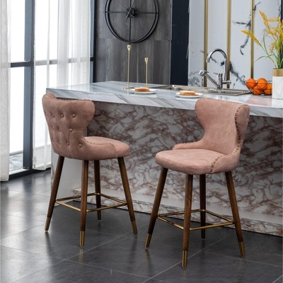 DOMETOUR Modern Counter Stool Set of 2 Suede with Nailhead Trim Curved Wing-back