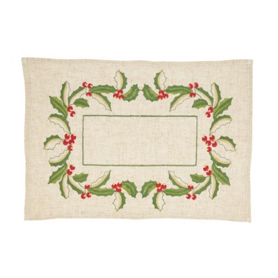 Saro Lifestyle Embroidered Holly Design Christmas Linen Blend Placemat - Set of 4, 14"x20", Beige