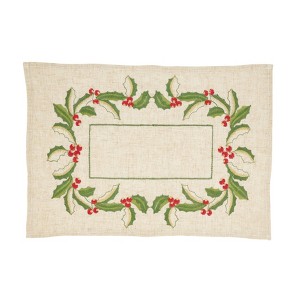 Saro Lifestyle Embroidered Holly Design Christmas Linen Blend Placemat - Set of 4, 14"x20", Beige - 1 of 3
