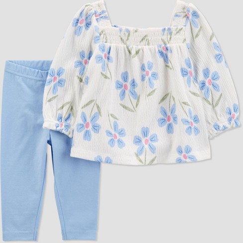 Carter's Just One You®️ Baby Girls' Floral Printed Solid Top & Pants Set - Blue - image 1 of 3