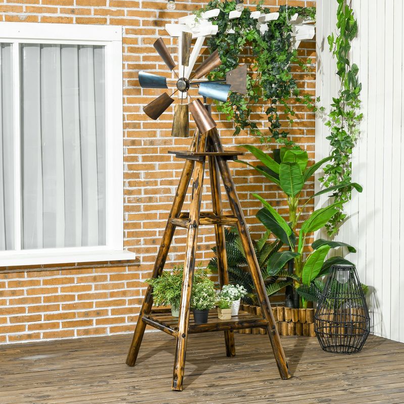 Outsunny Freestanding Windmill Weathervane with Bottom Shelf, Weather Vane with Windmill Head, Stained Wood, 2 of 7