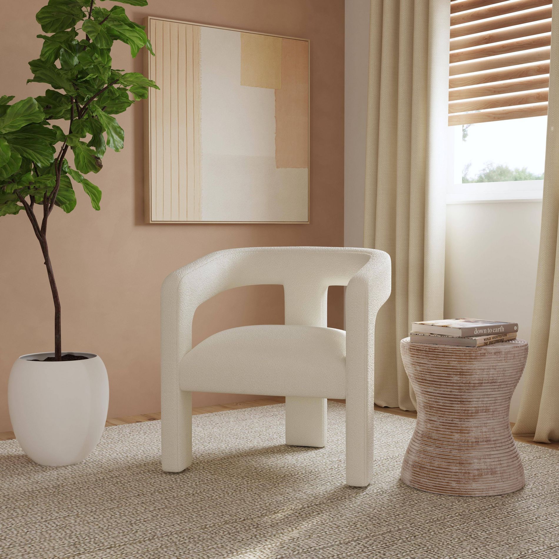 Upholstered Accent Chair Boucle White - HomePop: Modern Barrel Back, Foam Cushion, No Assembly Required