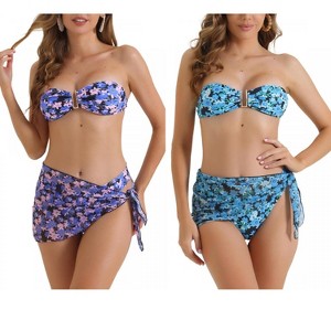 INSPIRE CHIC Women's Floral Print Bandeau Tie Back Swimwear Triangle Bottoms Bathing Bikini Suits 3 Pieces 2 Sets - 1 of 4