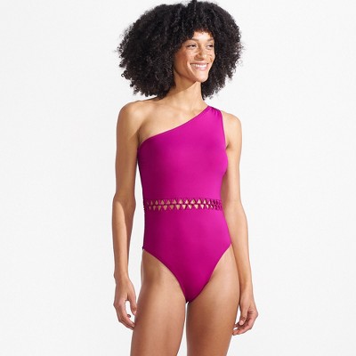 Lands' End Women's Macrame One Shoulder High Leg One Piece Swimsuit
