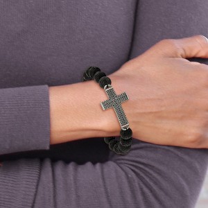 Chisel Stainless Steel Antiqued Gun Metal IP-plated Cross 10.5mm Lava Stone Beaded Stretch Bracelet - 1 of 3