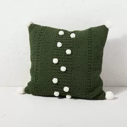 Sweater Knit Square Throw Pillow with Pom Poms Green - Opalhouse™ designed with Jungalow™