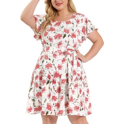 Agnes Orinda Women's Plus Size Short Sleeve Round Neck Tie Waist Floral A Line Dresses