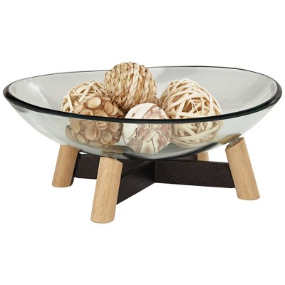 Clear Tempered Glass Decorative Bowl with Iron Base and Pine Wood Legs