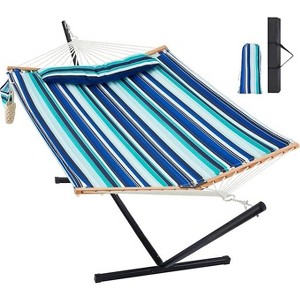 Double V-Shaped Wooden Frame Hammock, Thickened Version for Home and Outdoor Use, Portable Steel Frame Outdoor Garden Hammock, Large Double Hammock - 1 of 4