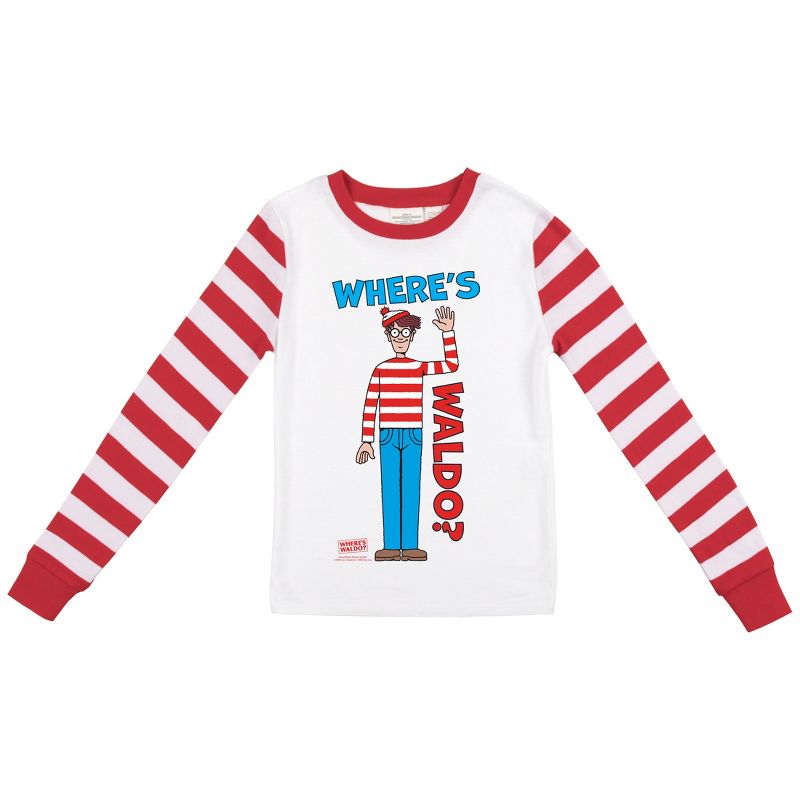 Where's Waldo Character Pose Boy's Long Sleeve Shirt & Red & White Striped Sleep Pajama Pants Set, 2 of 5
