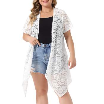 Agnes Orinda Women's Plus Size Lace Crochet Short Sleeves Sheer Open Front Cardigan