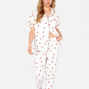 Anna-Kaci Lounge Women's Red Heart Print Pajama Set with Short Sleeve Button-Up Top and Relaxed Fit Elastic Waist Pants - 1 of 4