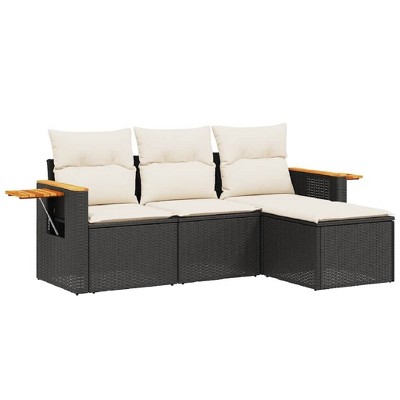 vidaXL Patio Sofa Set with Cushions Outdoor Furniture 4 Piece Poly Rattan - Black and Cream