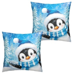 Winter Penguin Blue Pillow Covers 18x18 Set of 2 Christmas Penguins Snowflake Pine Tree - 1 of 3