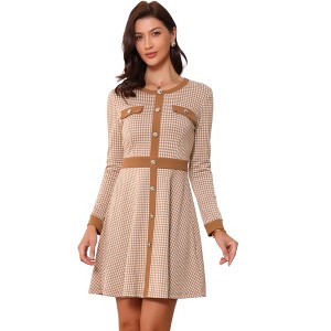 INSPIRE CHIC Women's Houndstooth Plaid Contrast Color Crew Neck Button Front Elegant A-Line Dress - 1 of 4