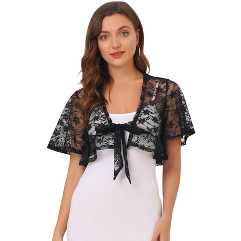 Allegra K Women's Lace Floral Tie Front Flowy Short Sleeve Cardigan Shrug  Blouses Black X-small : Target